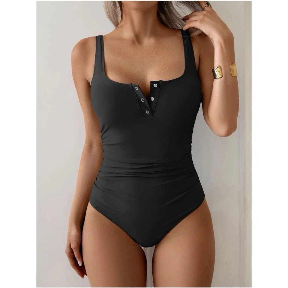 B2PRITY Women's Black One Piece Swimsuit Wide Strap Button Front Ruched, S